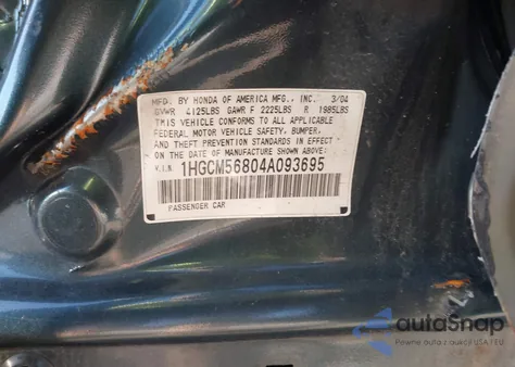 2004 Honda Accord 2.4 Ex z USA, uszkodzony, nr VIN 1HGCM56804A093695